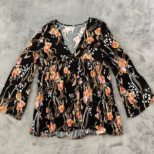 Free People Bella Floral Print Tunic Shirt Top Women's SMALL Black Boho Peasant